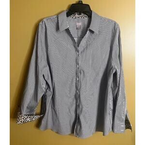 Chico's B&W‎ Stripe with Leopard Trim Button Up Blouse Size 16